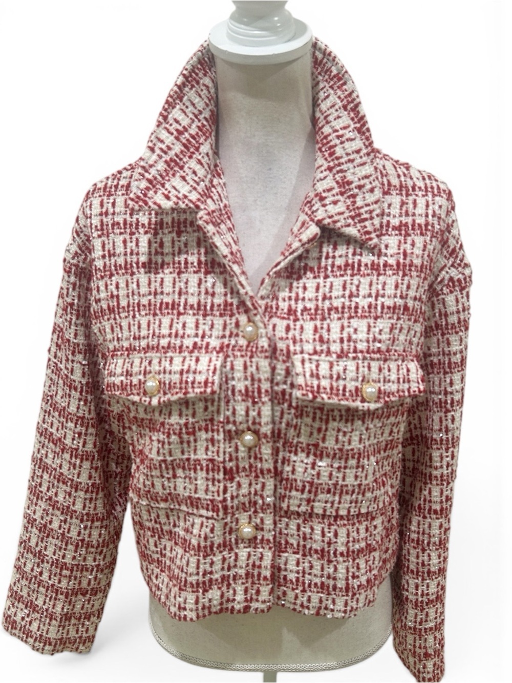 Ina Red & White Tweed Boucle Pearl-Button Jacket lined flap pockets size medium